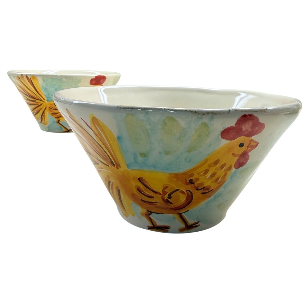 Vintage Vietri Cereal Bowls Blue Rooster Hand Painted Italian Ceramic Set of 4 - Picture 11 of 16